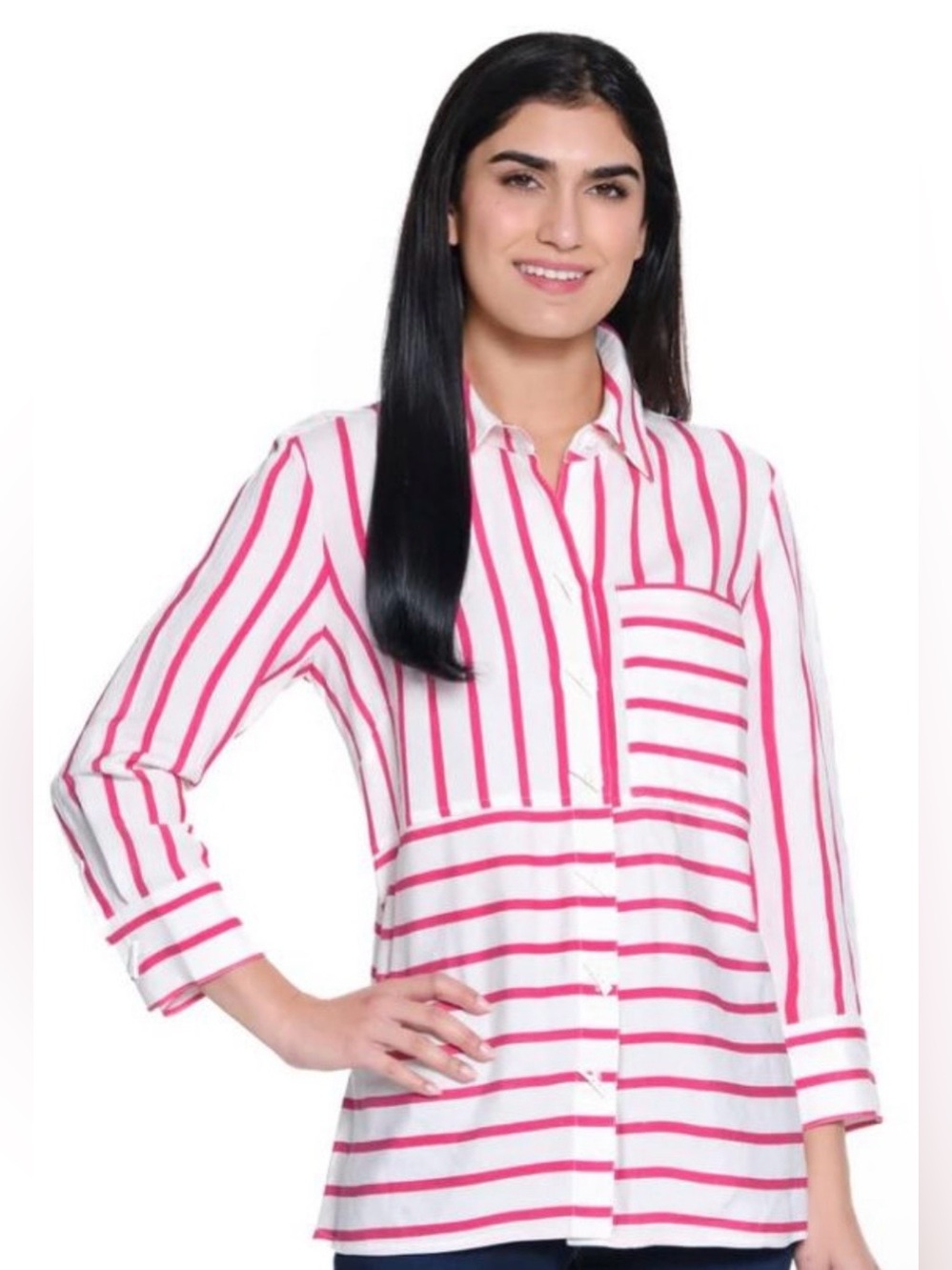 Ali Miles Blouse Top XL Pink White Stripe Lagenlook Artsy Art to Wear Linen Blen